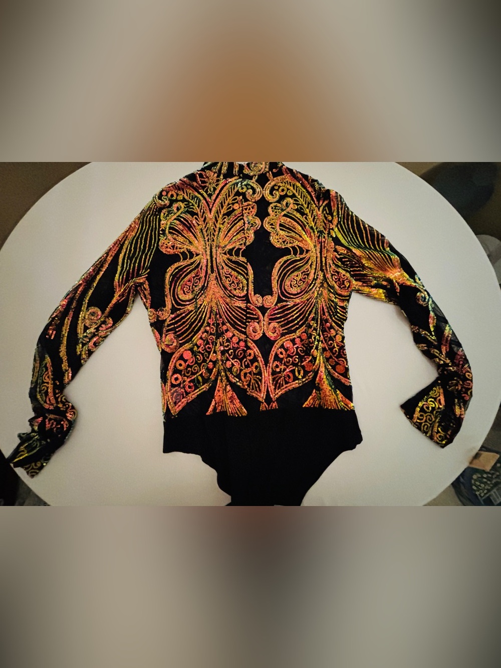 Embellished Black Bodysuit with Orange-Gold Embroidery Women’s Size 3X Dance